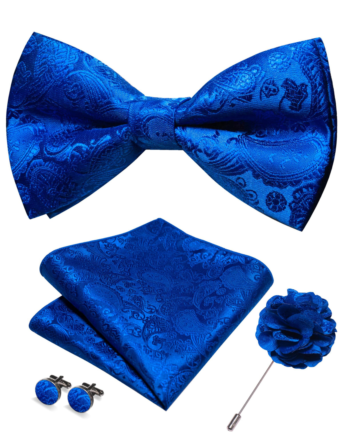 JEMYGINS Paisley Pre-tied Bow Tie and Pocket Square Cufflinks Lapel Pin Sets for Men 4PCS
