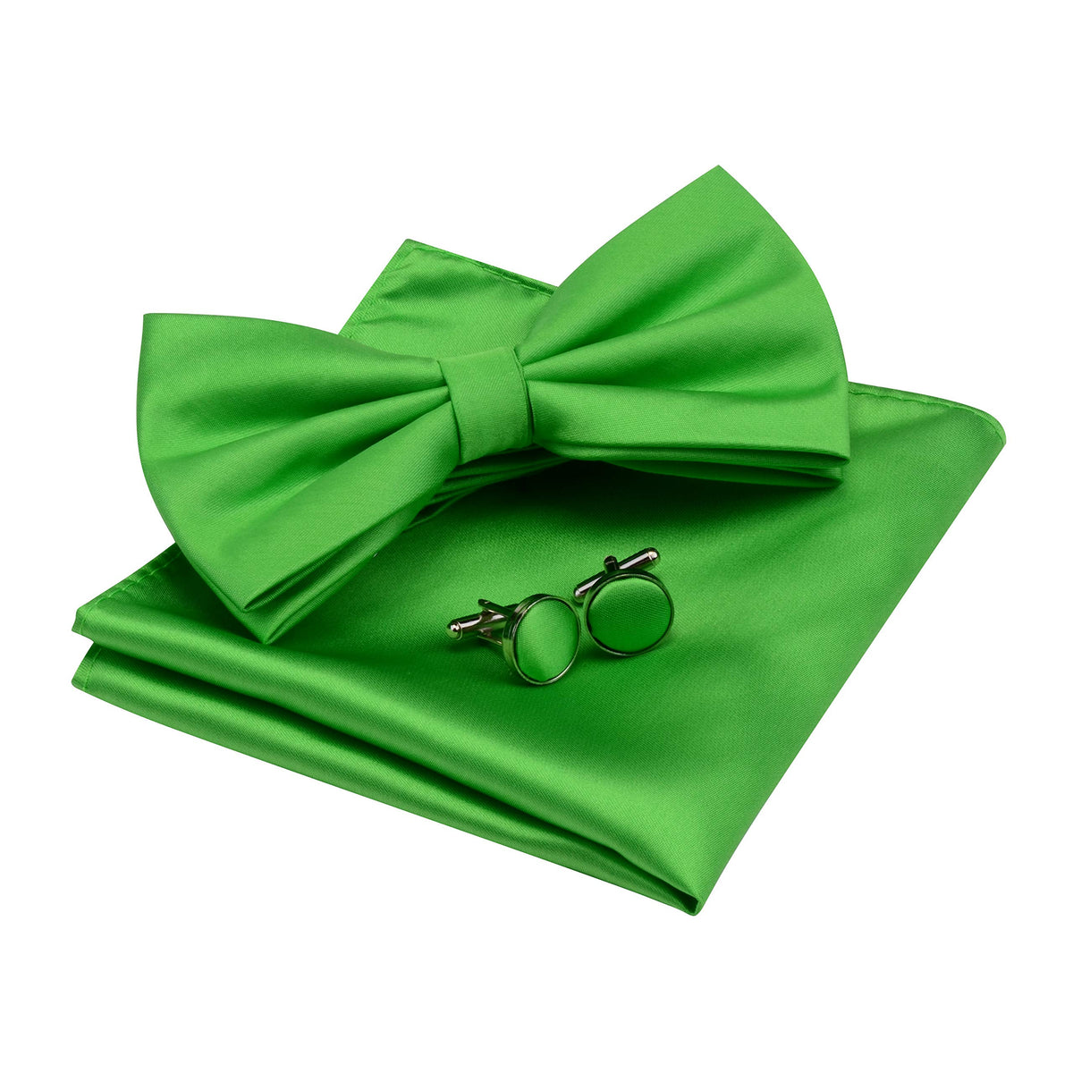 GUSLESON Mens Solid Color Double Fold Pre-tied Bow Tie and Pocket Square Cufflink Set with Gift Box