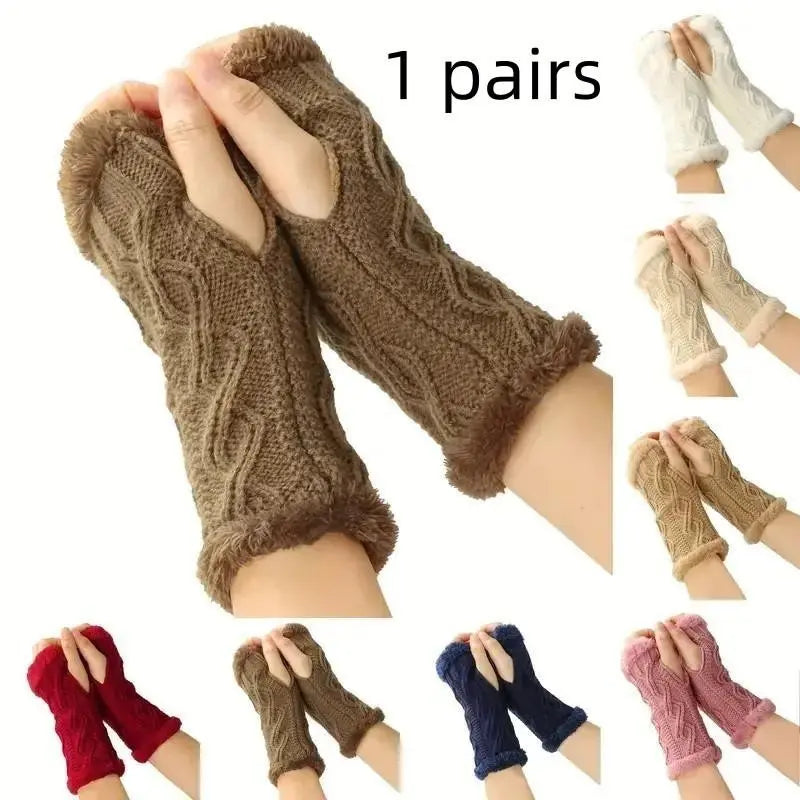 Thickened Fleece Gloves, Rhombus Short Knit Fingerless Mitts, Winter Fall Warm Gloves, Christmas Gift for Boys Girls