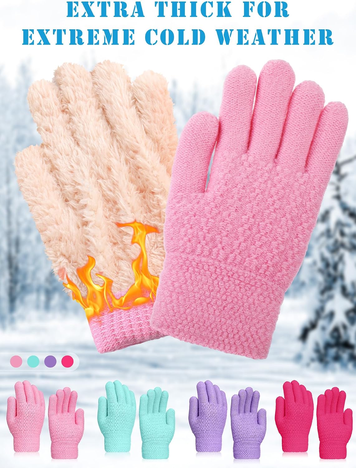 Chuarry 4 Pairs Kids Fleece Lined Gloves Winter Warm Knit Gloves for Girls Boys Cold Weather Supplies, 6-10 Years