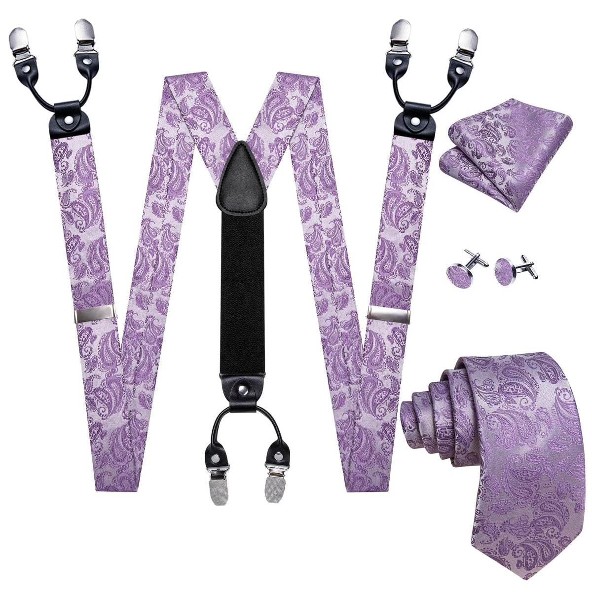 Barry.Wang Men Suspender Tie Sets Elastic Heavy 6 Clips Hanky Cufflink 5PCS