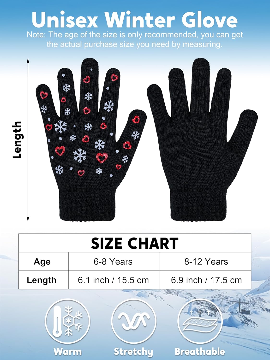 4 Pairs Kids Winter Gloves Gripper Magic Glove for Boys Girls 6-12 Years