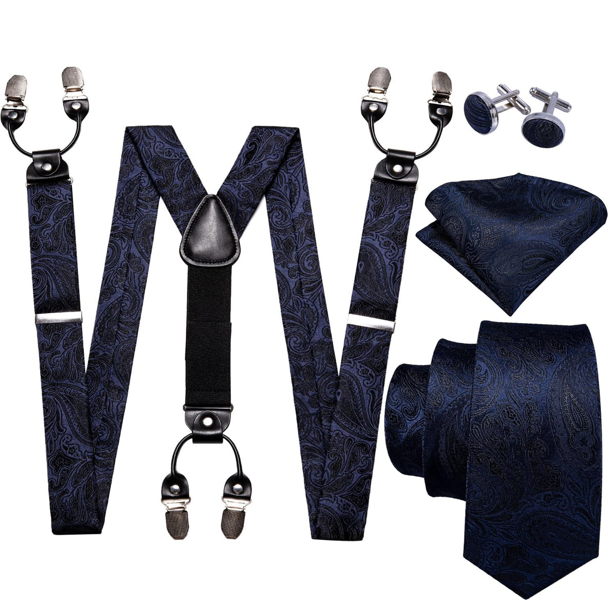 Barry.Wang Men Suspender Tie Sets Elastic Heavy 6 Clips Hanky Cufflink 5PCS