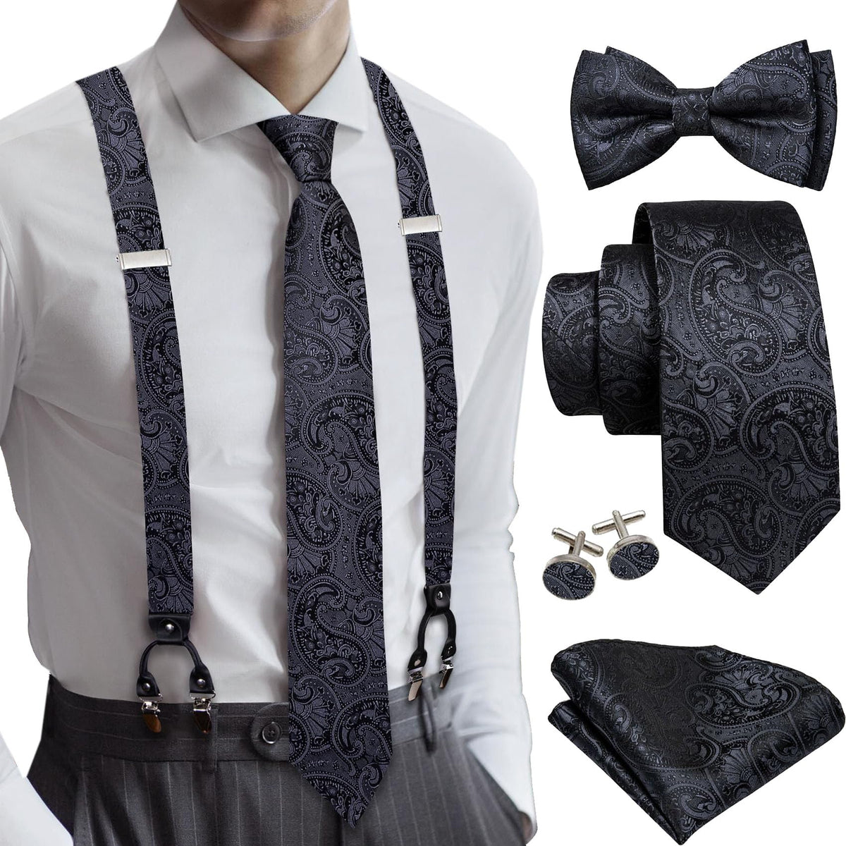 YOHOWA Suspenders for Men Tie Bowtie Set Adjustable Brace Handkerchief Cufflinks Strong Clip Elastic Band Wedding Party