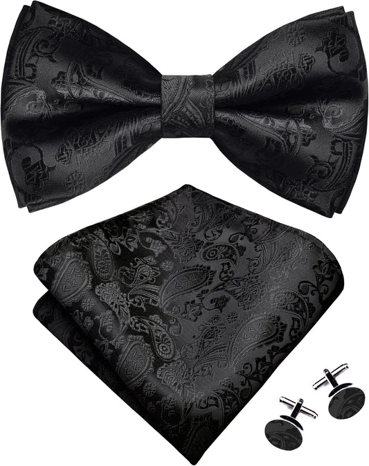 GUSLESON Mens Paisley Bow Tie Handkerchief Jacquard Woven Adjustable Pre-Tied Bowties Pocket Square Cufflinks Set