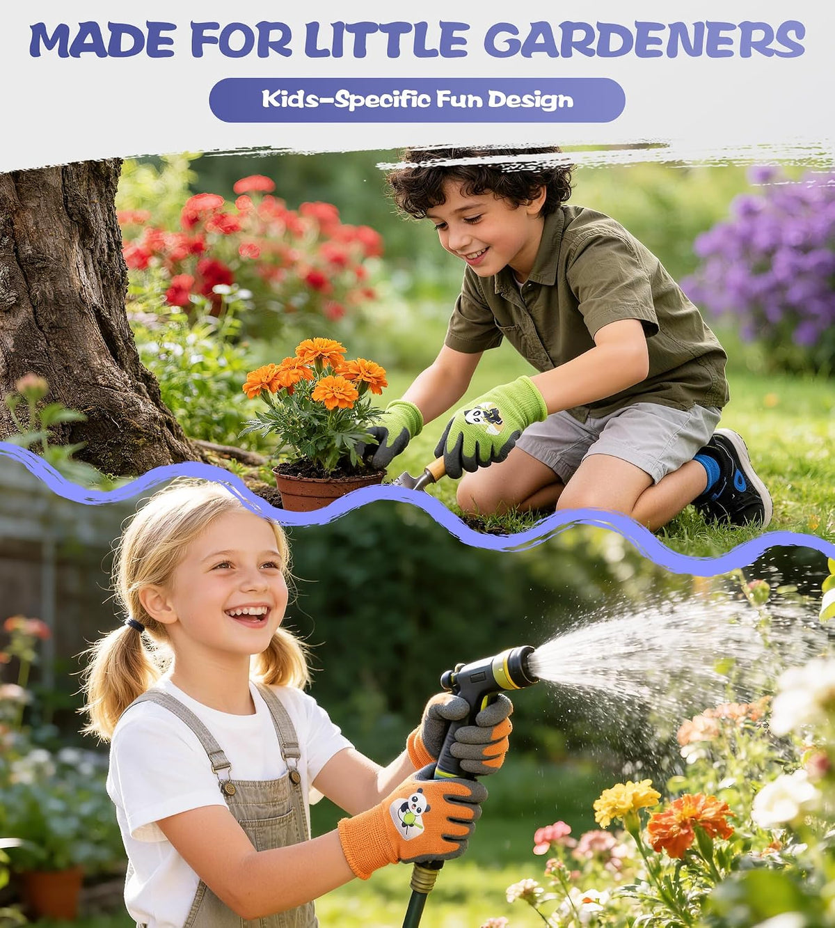 Mr. Panda 3 Pairs Skin-Friendly Kids Gardening Gloves for Age 2-4, Rubber Coated Children's Garden Gloves, Toddler Work Gloves, XXXS