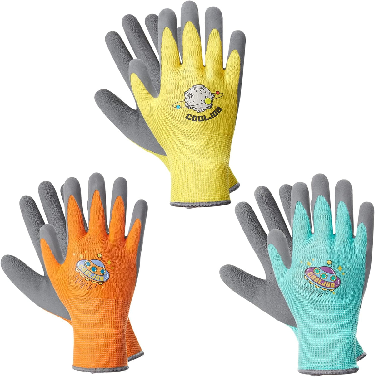 COOLJOB 3 Pairs Kids Gardening Gloves for Age 3-5, Children Grippy Rubber Coated Garden Work Gloves, Orange & Green & Yellow, Small Size (3 Pairs S)