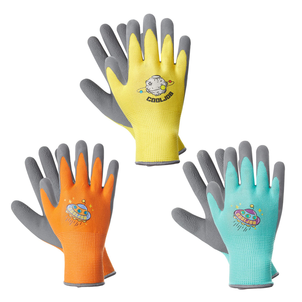 COOLJOB 3 Pairs Kids Gardening Gloves for Age 3-5, Children Grippy Rubber Coated Garden Work Gloves, Orange & Green & Yellow, Small Size (3 Pairs S)