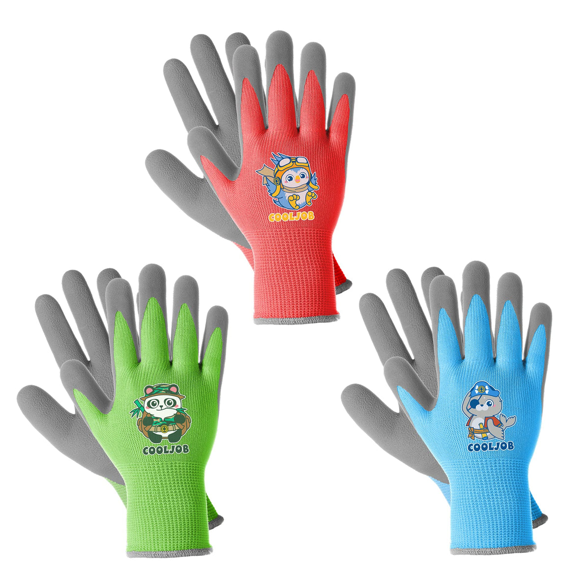 COOLJOB 3 Pairs Kids Gardening Gloves for Age 6-8, Children Grippy Rubber Coated Garden Work Gloves, Orange & Green & Yellow, Medium Size (3 Pairs M)