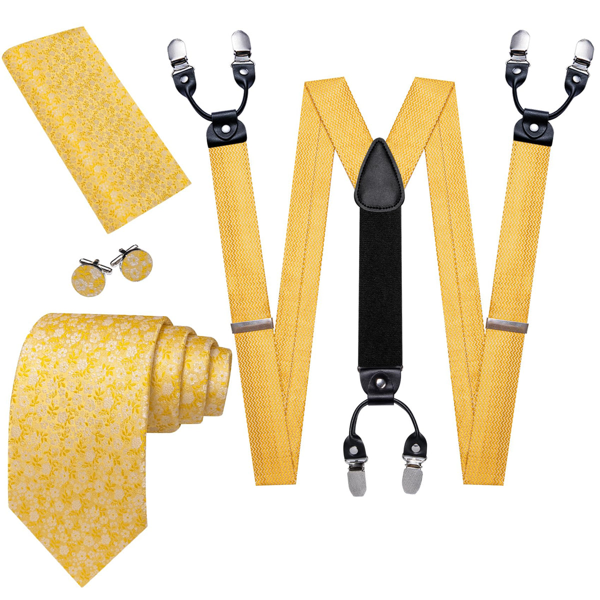 Barry.Wang Men Suspender Tie Sets Elastic Heavy 6 Clips Hanky Cufflink 5PCS
