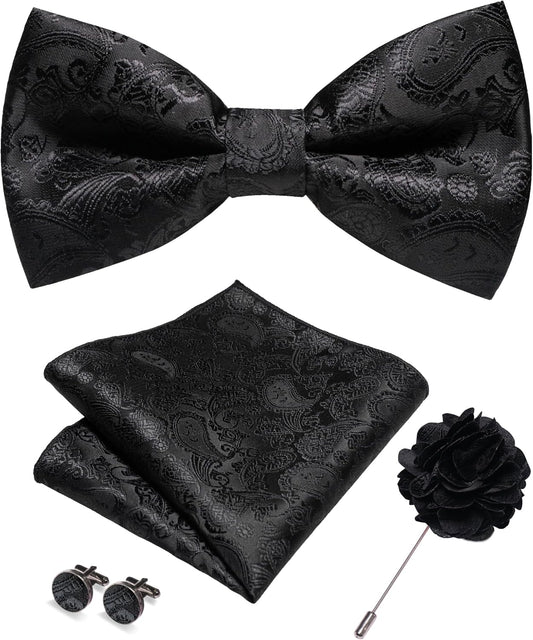 JEMYGINS Paisley Pre-tied Bow Tie and Pocket Square Cufflinks Lapel Pin Sets for Men 4PCS