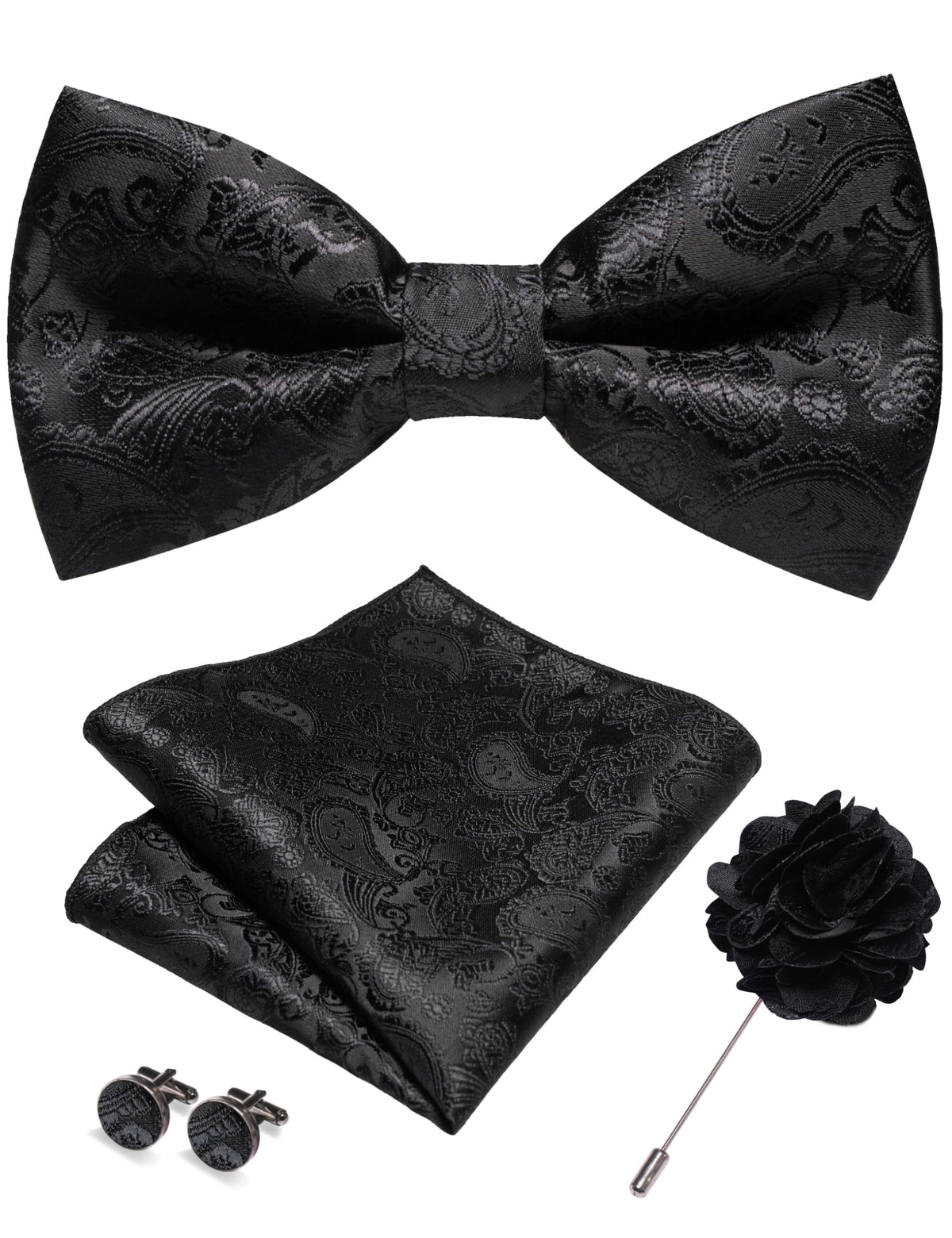 JEMYGINS Paisley Pre-tied Bow Tie and Pocket Square Cufflinks Lapel Pin Sets for Men 4PCS