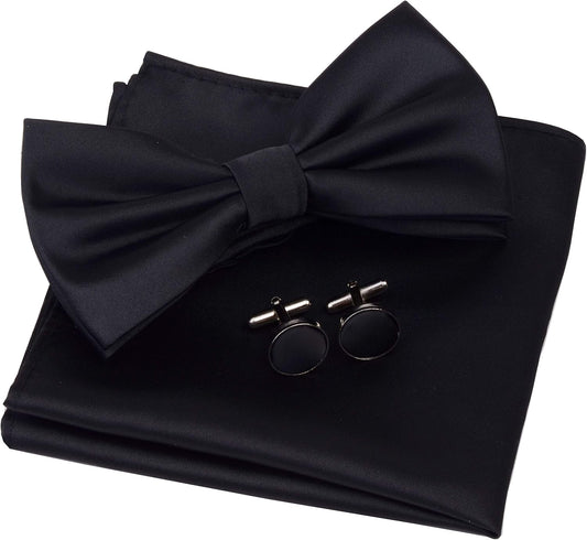 GUSLESON Mens Solid Color Double Fold Pre-tied Bow Tie and Pocket Square Cufflink Set with Gift Box