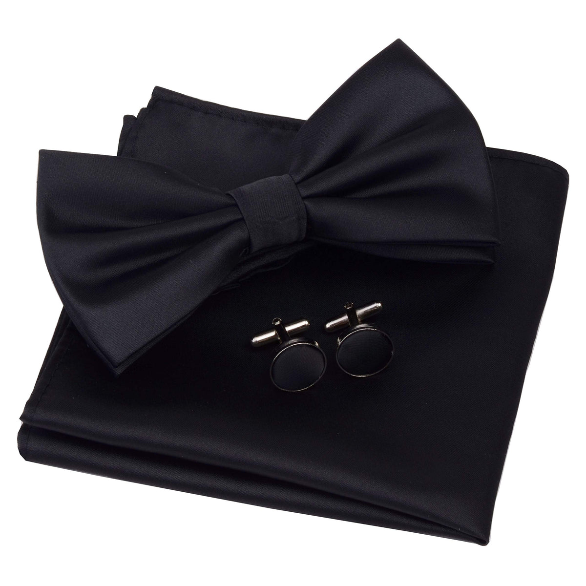 GUSLESON Mens Solid Color Double Fold Pre-tied Bow Tie and Pocket Square Cufflink Set with Gift Box