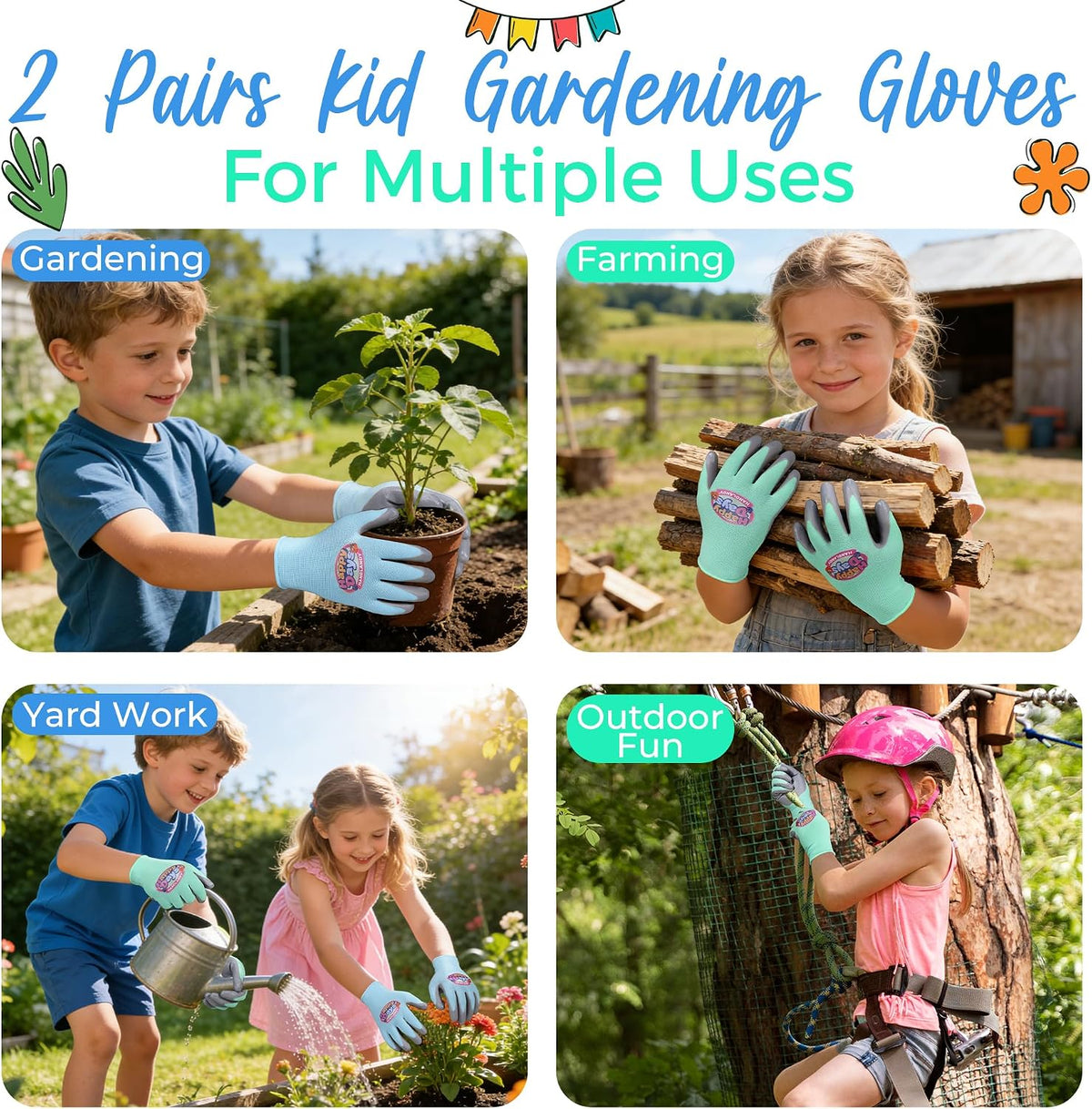 HANDLANDY 2 Pairs Kids Gardening Gloves, Grippy Kids Work Gloves, M