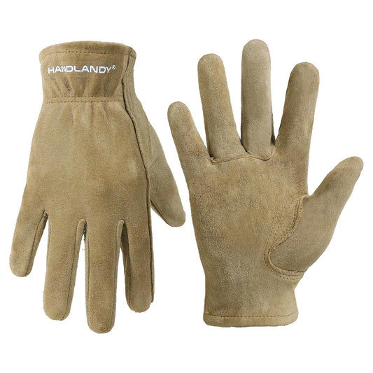 HANDLANDY Kids Leather Gardening Gloves, Kid Work Gloves, Khaki, M