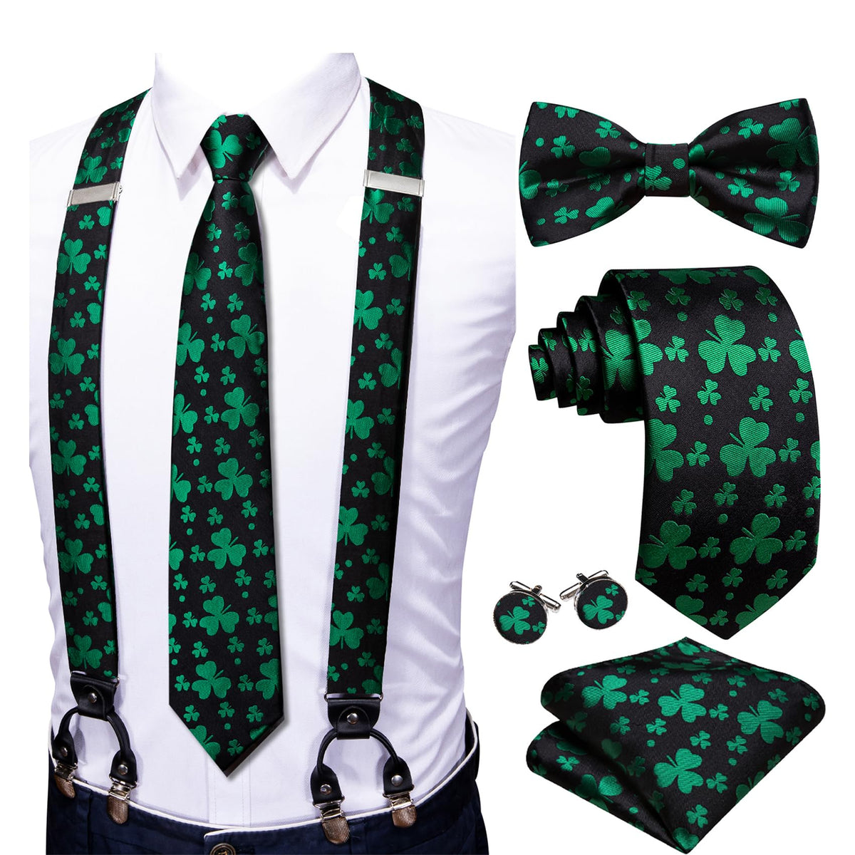 YOHOWA Suspenders for Men Tie Bowtie Set Adjustable Brace Handkerchief Cufflinks Strong Clip Elastic Band Wedding Party