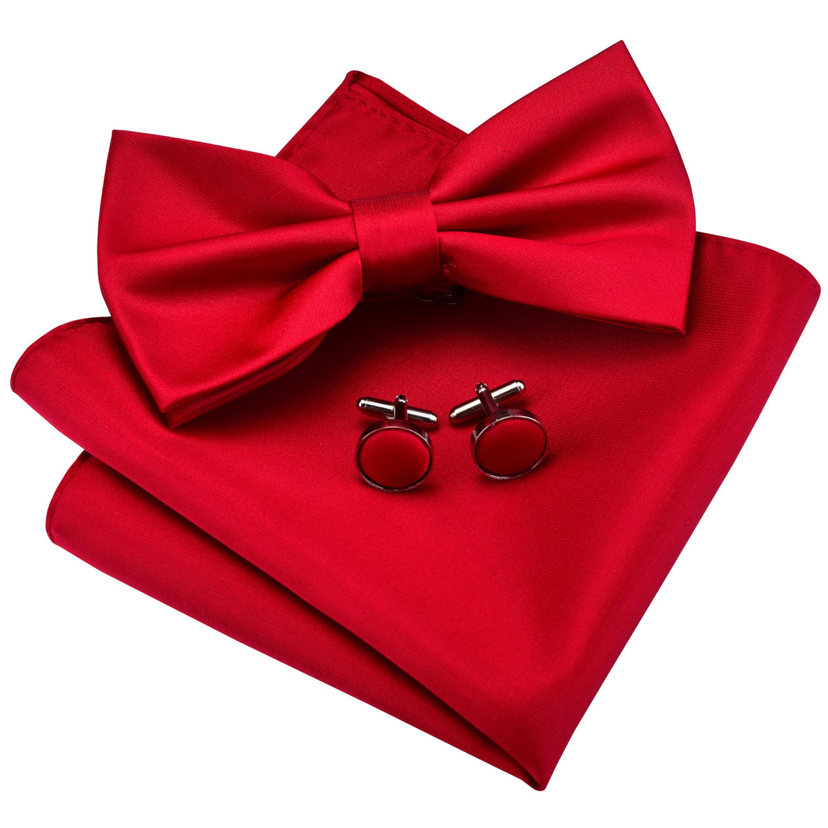 GUSLESON Mens Solid Color Double Fold Pre-tied Bow Tie and Pocket Square Cufflink Set with Gift Box