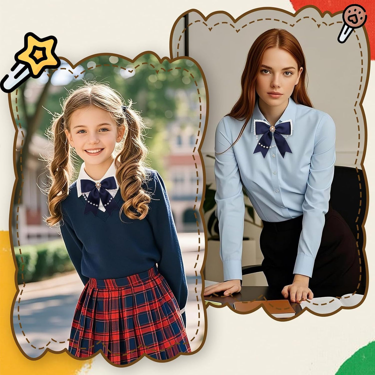 LJBFNN Black Bow Tie for Girls Women, School Girl Ties with Pearls Adjustable Pre-tied Kids Bowtie for Uniform Blouse Costume