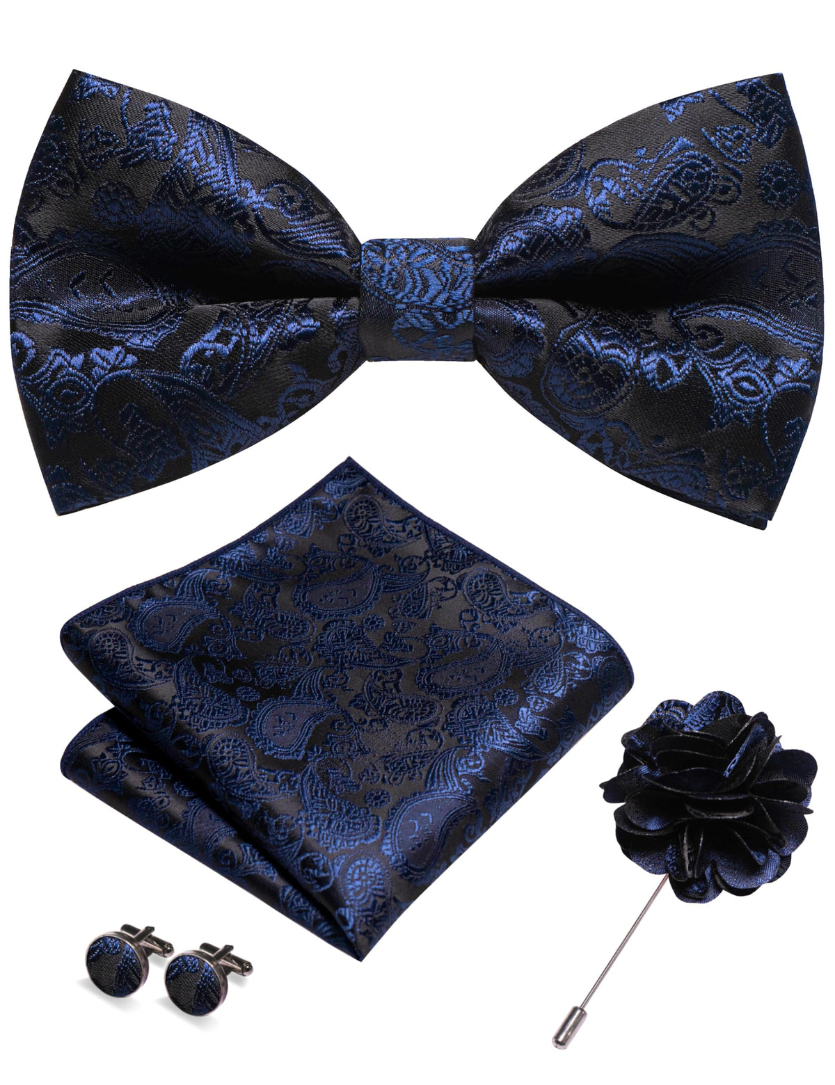 JEMYGINS Paisley Pre-tied Bow Tie and Pocket Square Cufflinks Lapel Pin Sets for Men 4PCS