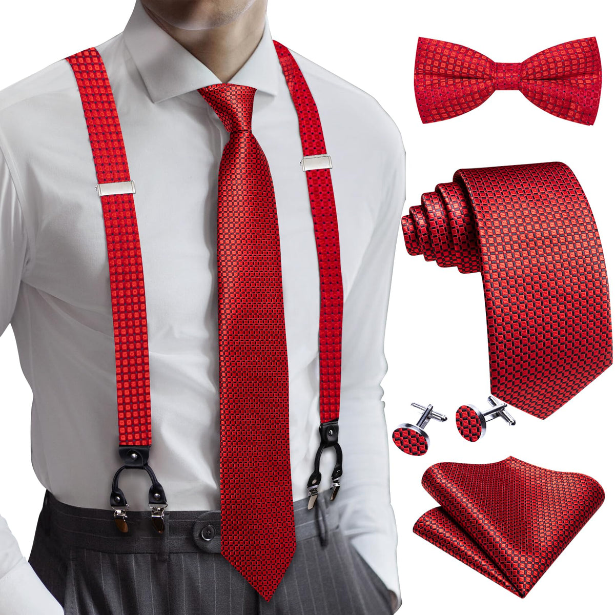 YOHOWA Suspenders for Men Tie Bowtie Set Adjustable Brace Handkerchief Cufflinks Strong Clip Elastic Band Wedding Party