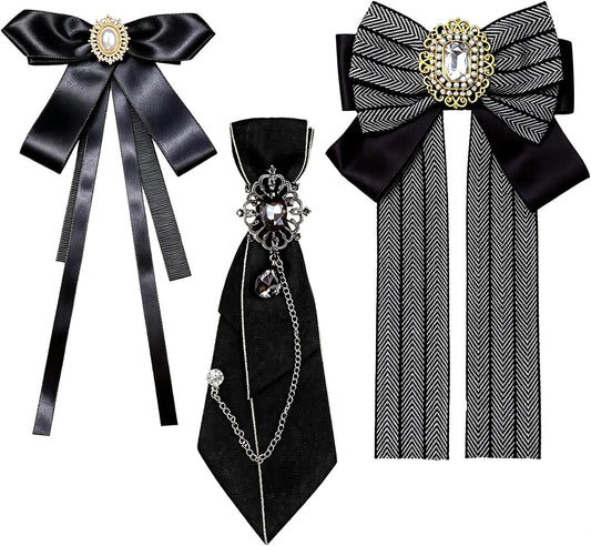 3 Pcs Womens Black Neck Tie & Bow Ties Set, Pre-Tied Women Bowtie