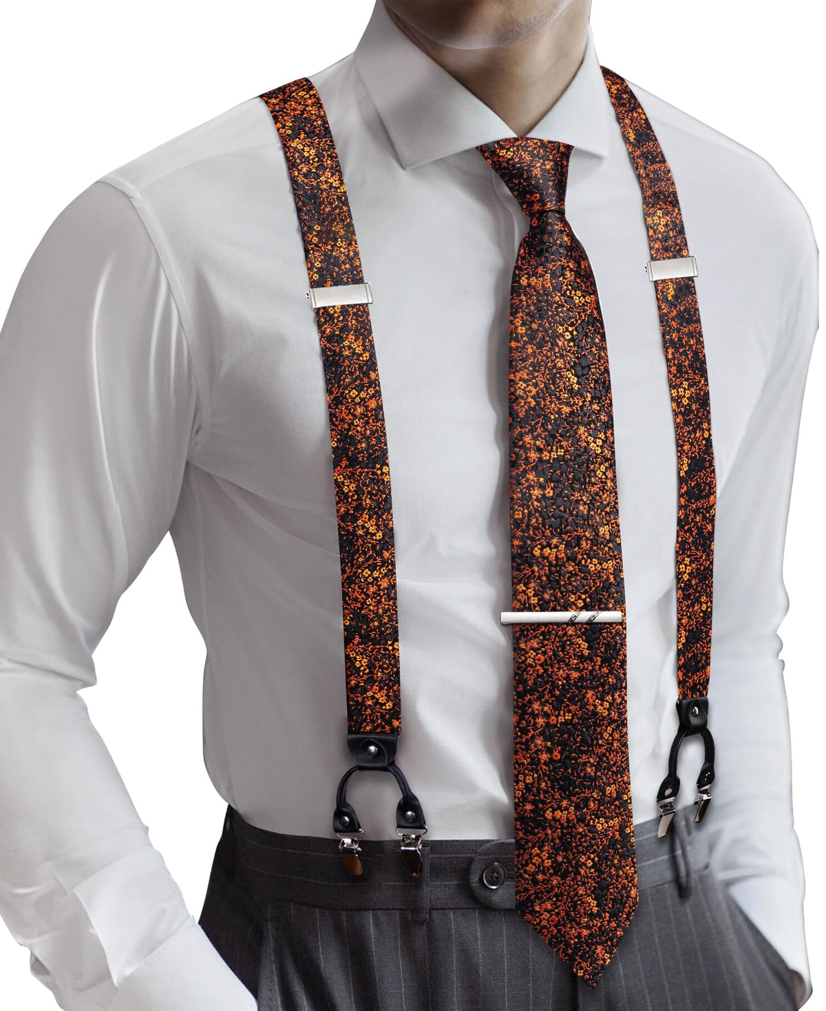 Barry.Wang Men Suspender Tie Sets Elastic Heavy 6 Clips Hanky Cufflink 5PCS