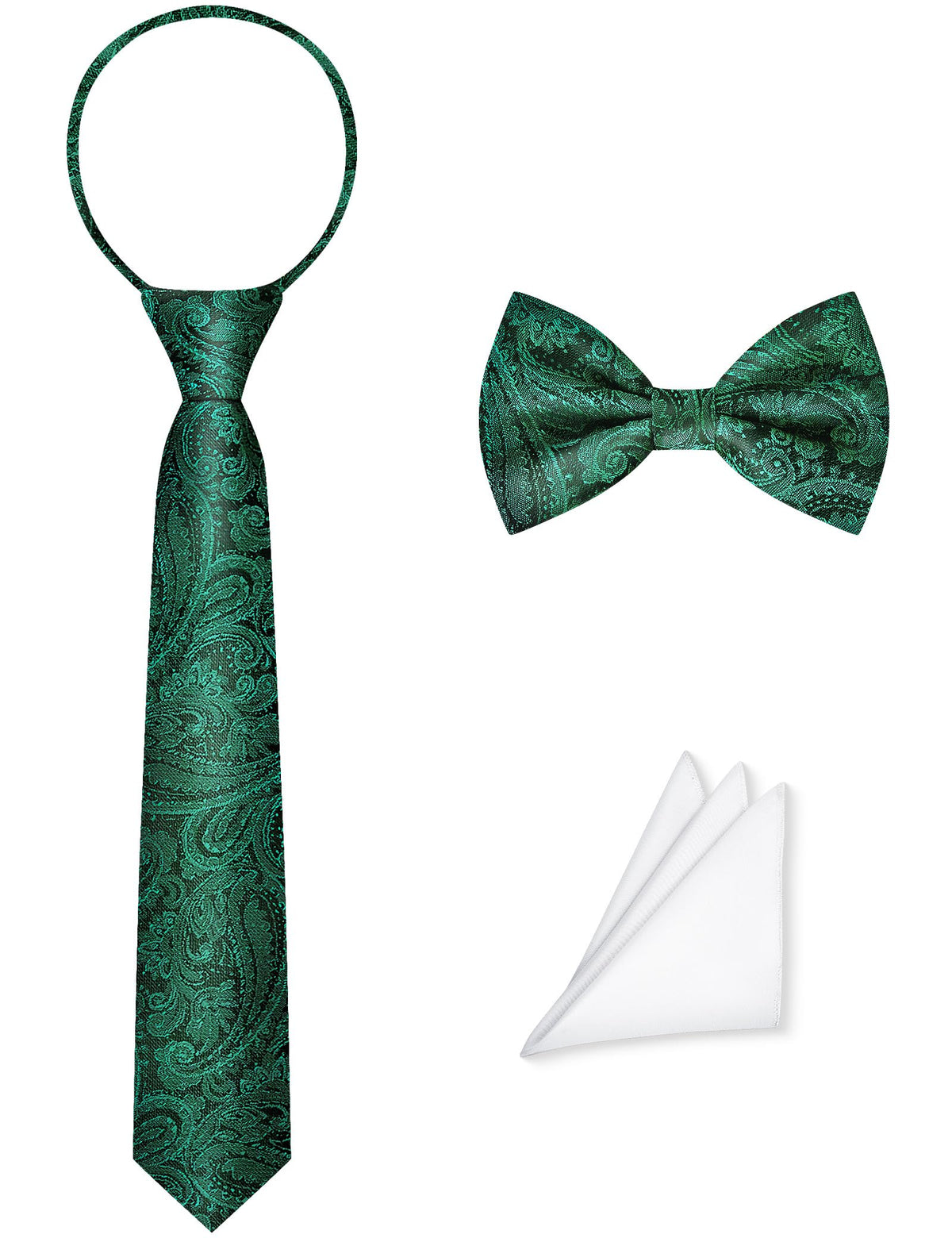 Pre-Tied Boys Set: Necktie, Bow Tie, Pocket Square | Adjustable Zipper Tie | Stain Formal Wear for Wedding Party