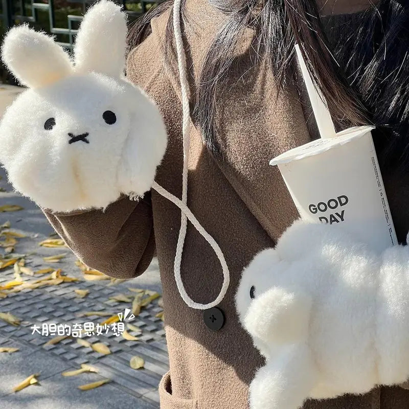 Kawaii Miffy Plush Mittens Cute Rabbit Warm Gloves Thicken Fuzzy Detachable Rope  Anti-Lost Strap Winter Outdoor Snow Girl Gift