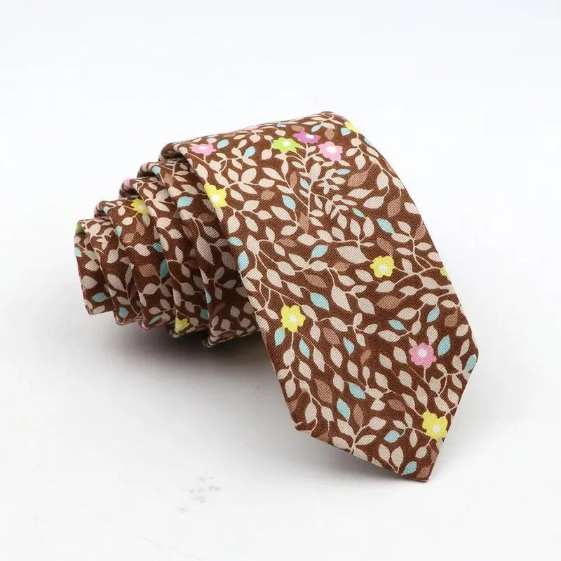 Men's Skinny Floral Cotton Necktie - Classic Print Adult Male Clothing Accessory for Weddings, Casual Suit Outfits