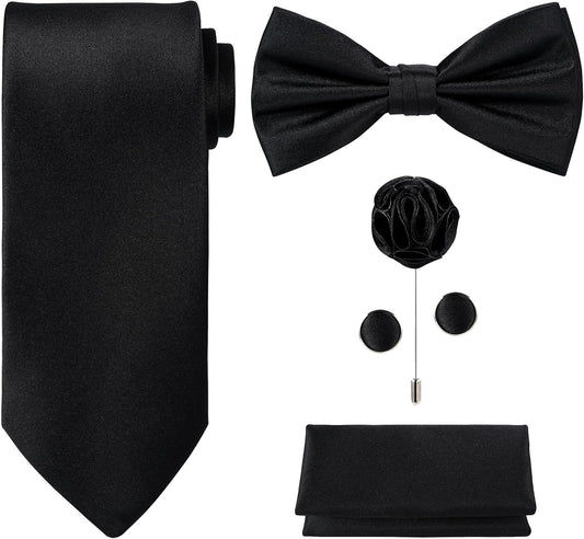 TIE G 5pcs Tie Set in WHITE OR BLACK GIFT BOX: Solid Color Necktie, Satin Bow Tie, Pocket Square, Lapel, Cuff Links