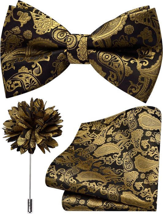 Branduce Paisley Pre-tied Bow Tie and Pocket Square Lapel Pin Set for Men