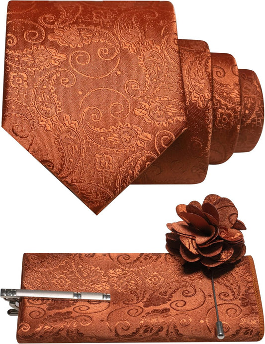 JEMYGINS Mens Paisley Tie and Pocket Square,Lapel Pin with Tie Clip sets