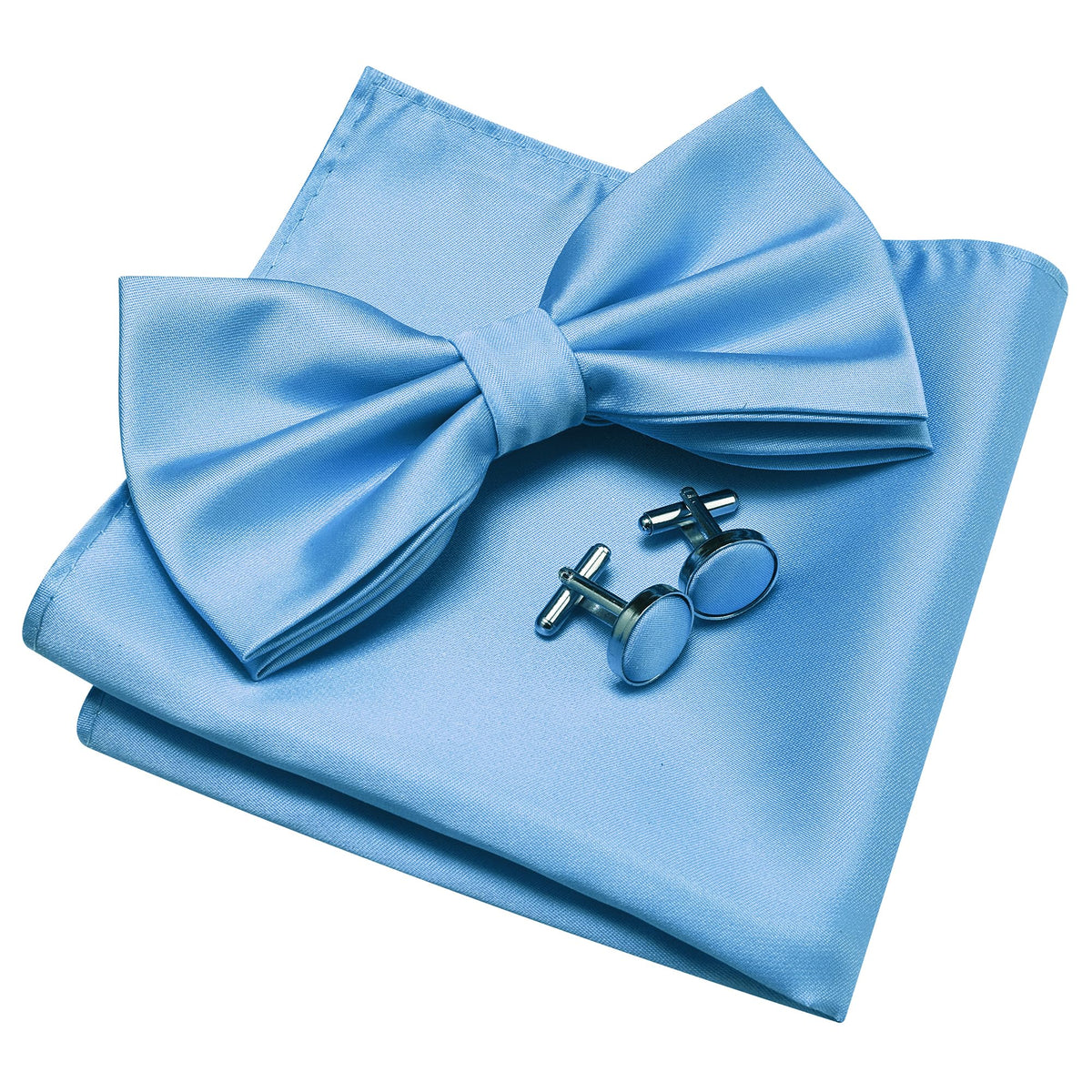 GUSLESON Mens Solid Color Double Fold Pre-tied Bow Tie and Pocket Square Cufflink Set with Gift Box