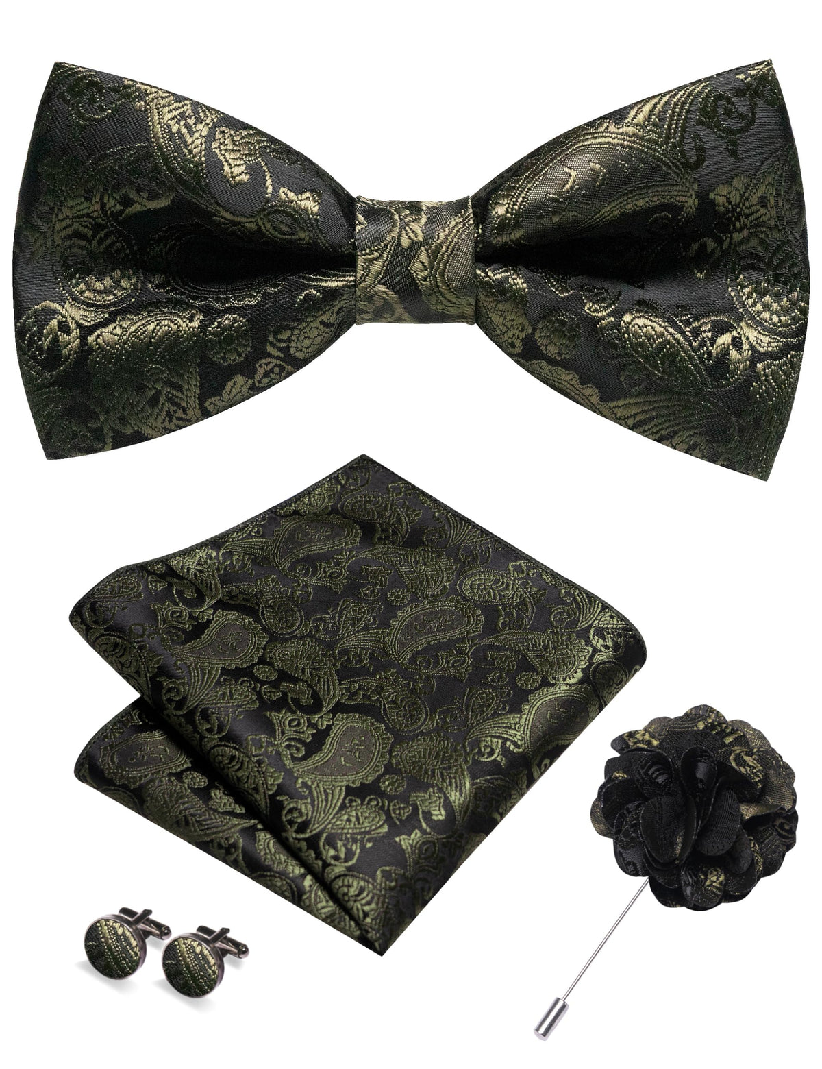 JEMYGINS Paisley Pre-tied Bow Tie and Pocket Square Cufflinks Lapel Pin Sets for Men 4PCS