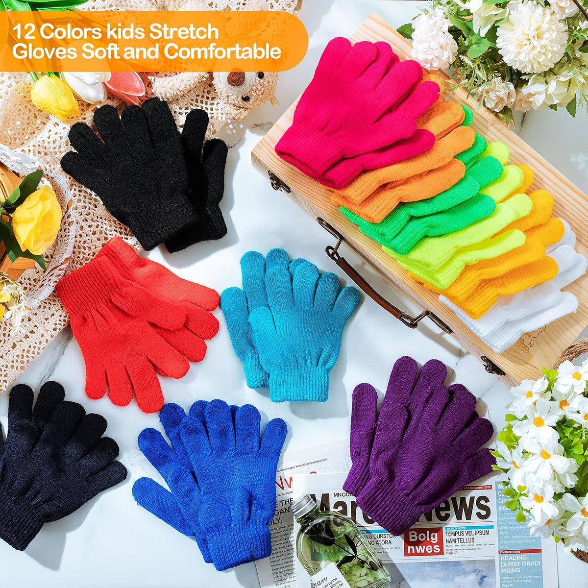 Kenning 72 Pairs Kids Winter Gloves Bulk Knitted Colorful Warm Stretchy Mittens for Boys Girls Operation Christmas(Bright Color)