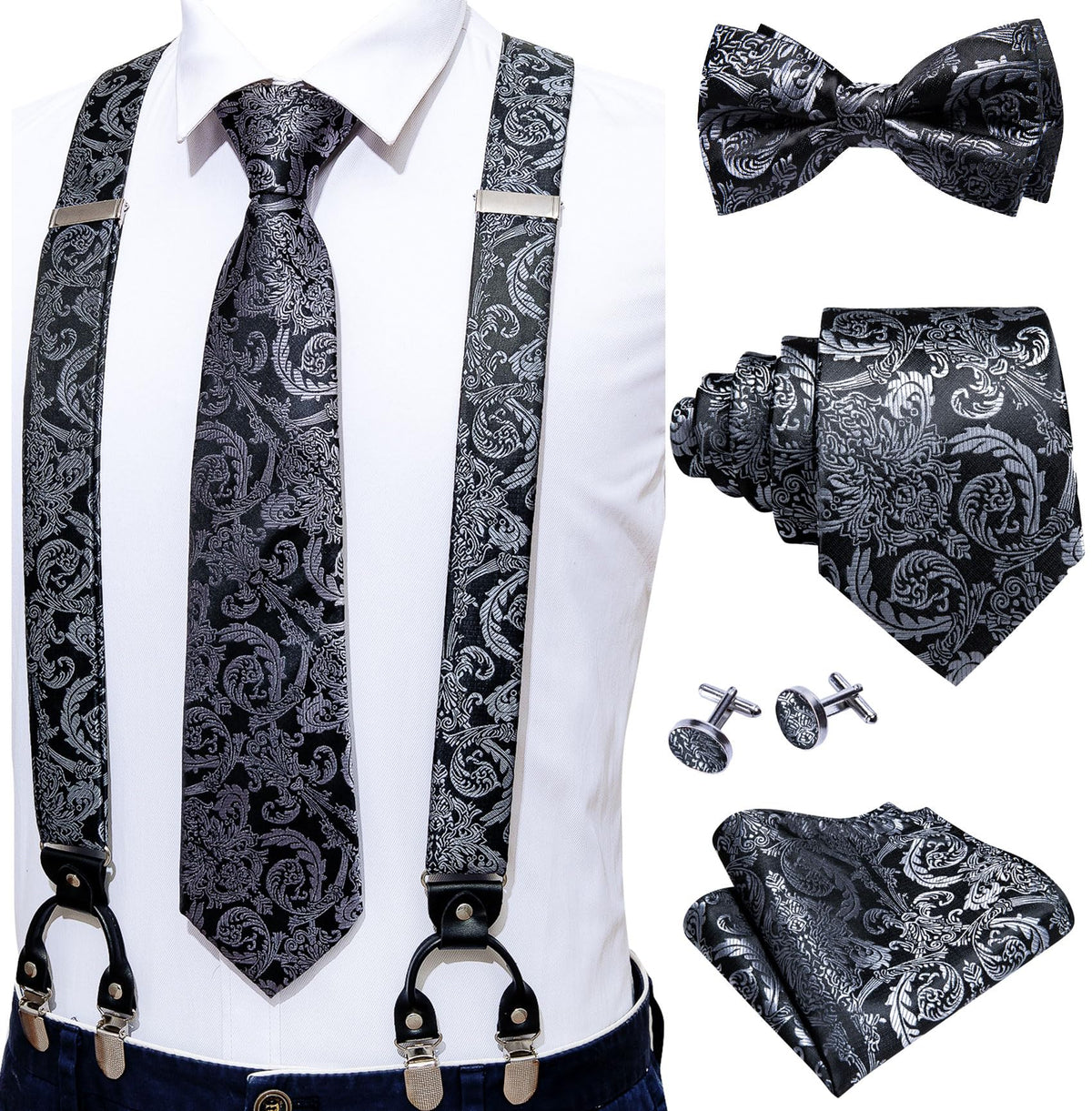 YOHOWA Suspenders for Men Tie Bowtie Set Adjustable Brace Handkerchief Cufflinks Strong Clip Elastic Band Wedding Party