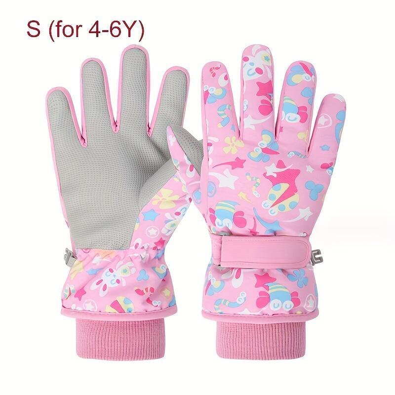 Kids' Thickened Full Hand Coldproof Ski Gloves, 4-5 Years+, Adjustable Wrist Strap, Colorful Designs, Warm for Skiing, Snowboarding