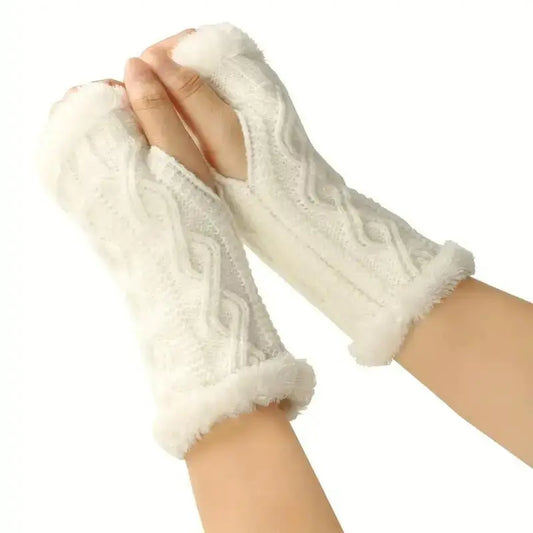 Thickened Fleece Gloves, Rhombus Short Knit Fingerless Mitts, Winter Fall Warm Gloves, Christmas Gift for Boys Girls
