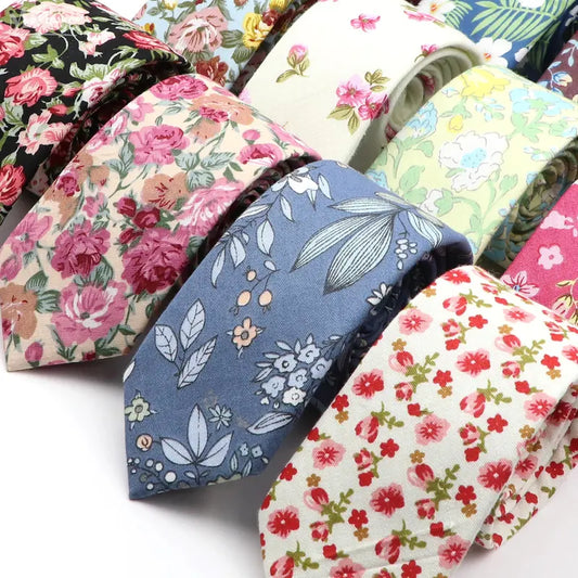 Men's Skinny Floral Cotton Necktie - Classic Print Adult Male Clothing Accessory for Weddings, Casual Suit Outfits