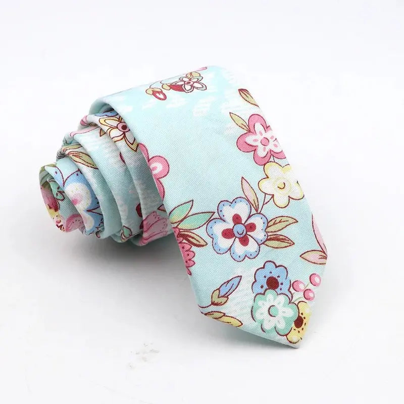 Men's Skinny Floral Cotton Necktie - Classic Print Adult Male Clothing Accessory for Weddings, Casual Suit Outfits