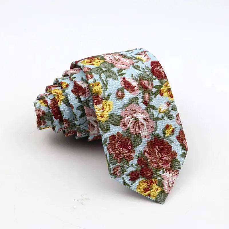 Men's Skinny Floral Cotton Necktie - Classic Print Adult Male Clothing Accessory for Weddings, Casual Suit Outfits