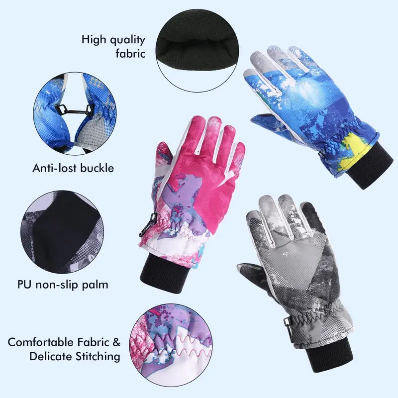 Kids' Athletic 2-Piece Ski Gloves & Socks Set - Waterproof, Warm, Windproof Sport Mittens for Boys & Girls, One Size Fits, Polyester, Winter Sports Outdoor Use (Set Includes Gloves)