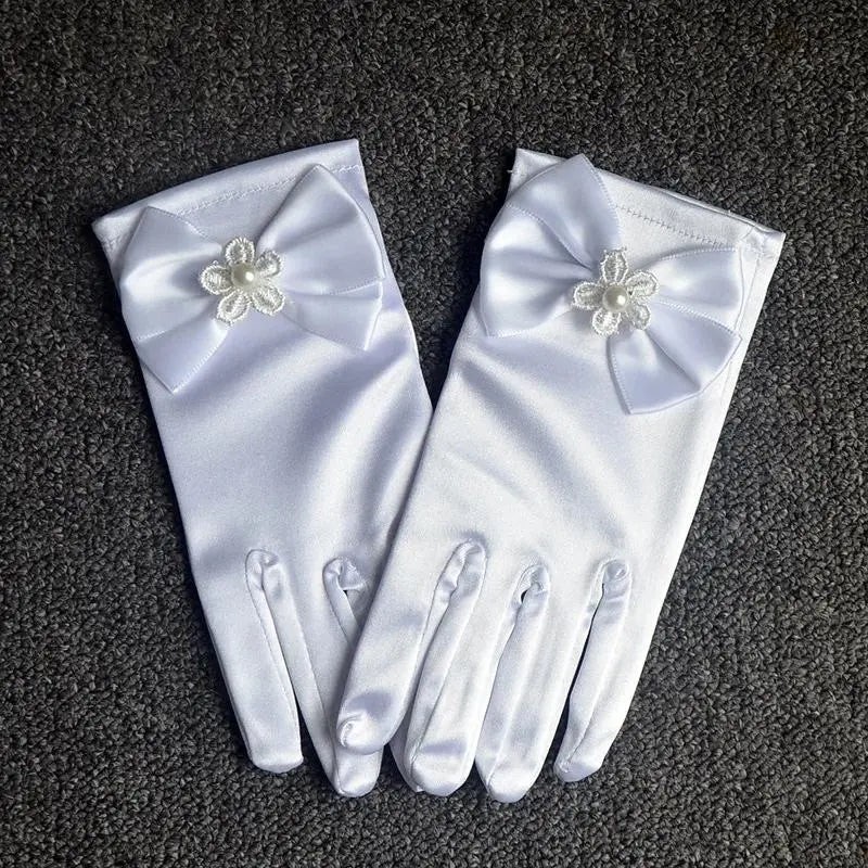 4-13Y Children Satin Bow Gloves Girls Flower White Pink Gloves Princess Birthday Glof Student Etiquette Stage Performance Glof