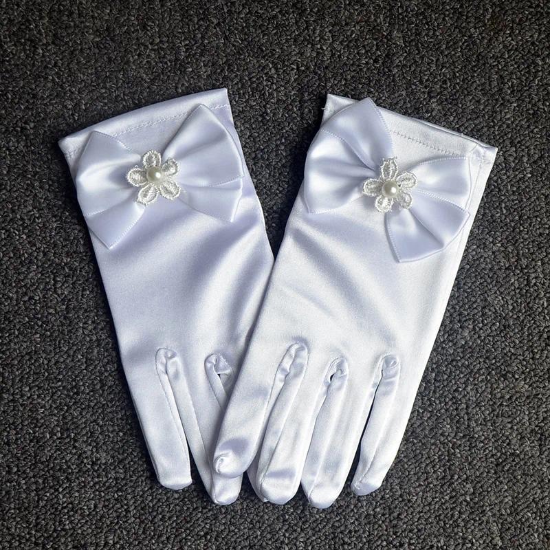 4-13Y Children Satin Bow Gloves Girls Flower White Pink Gloves Princess Birthday Glof Student Etiquette Stage Performance Glof