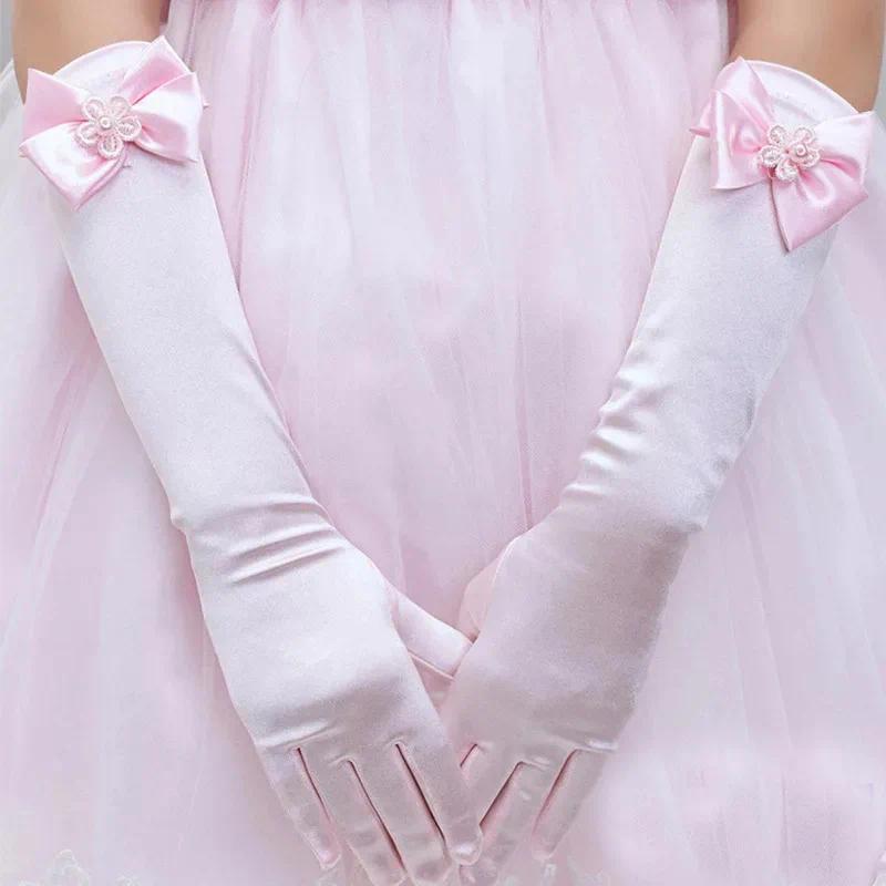 4-13Y Children Satin Bow Gloves Girls Flower White Pink Gloves Princess Birthday Glof Student Etiquette Stage Performance Glof
